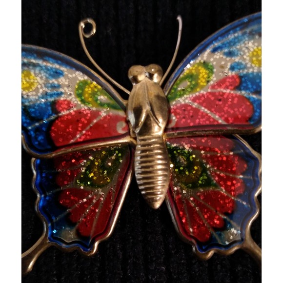 Vintage Butterfly Pin Brooch Enamel Wing Glitter Inlay Gold Tone Design - Picture 4 of 6